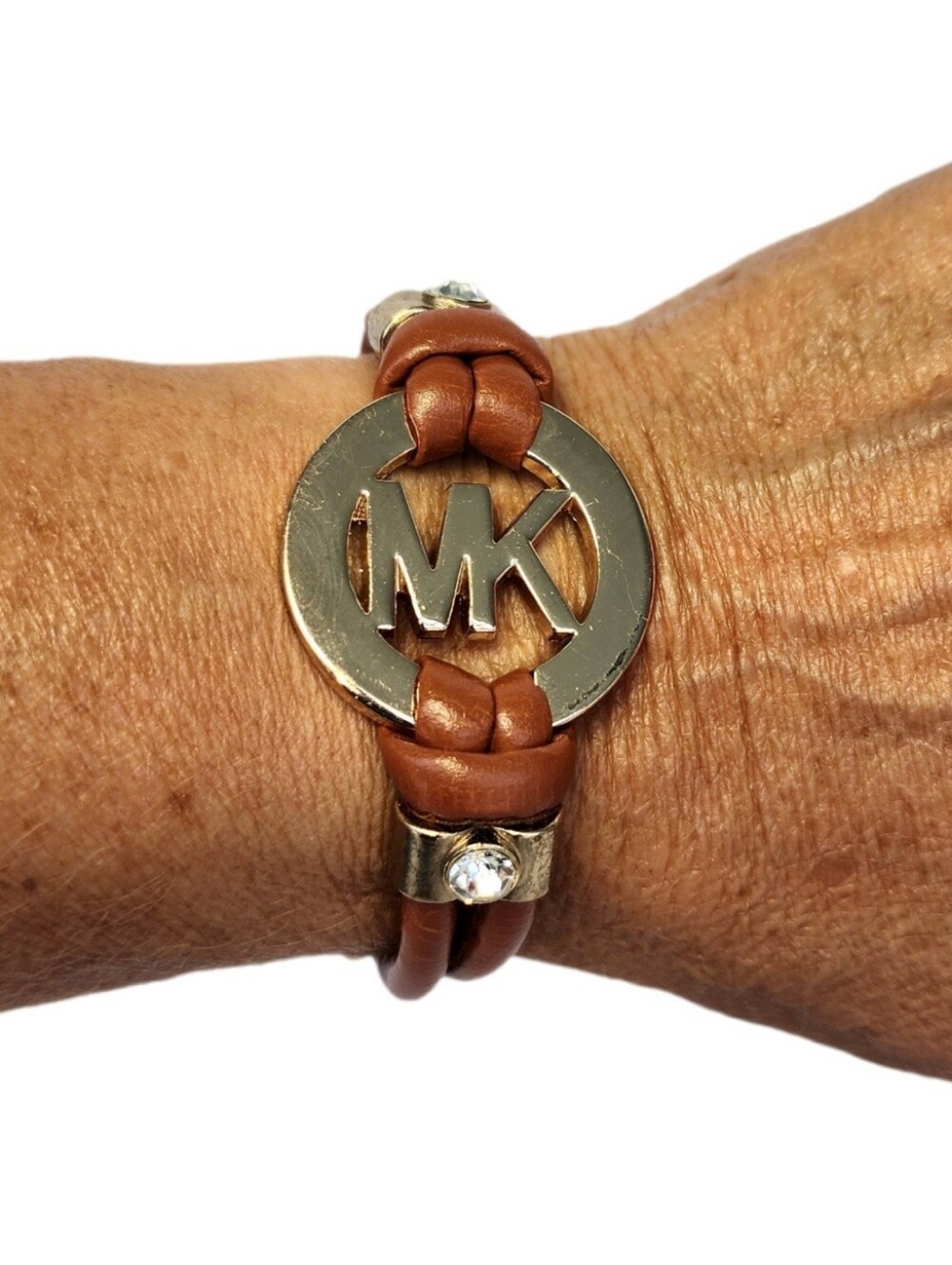 MICHAEL KORS Gold Tone MK Logo Crystals Camel Brown Saffiano Leather Bracelet
